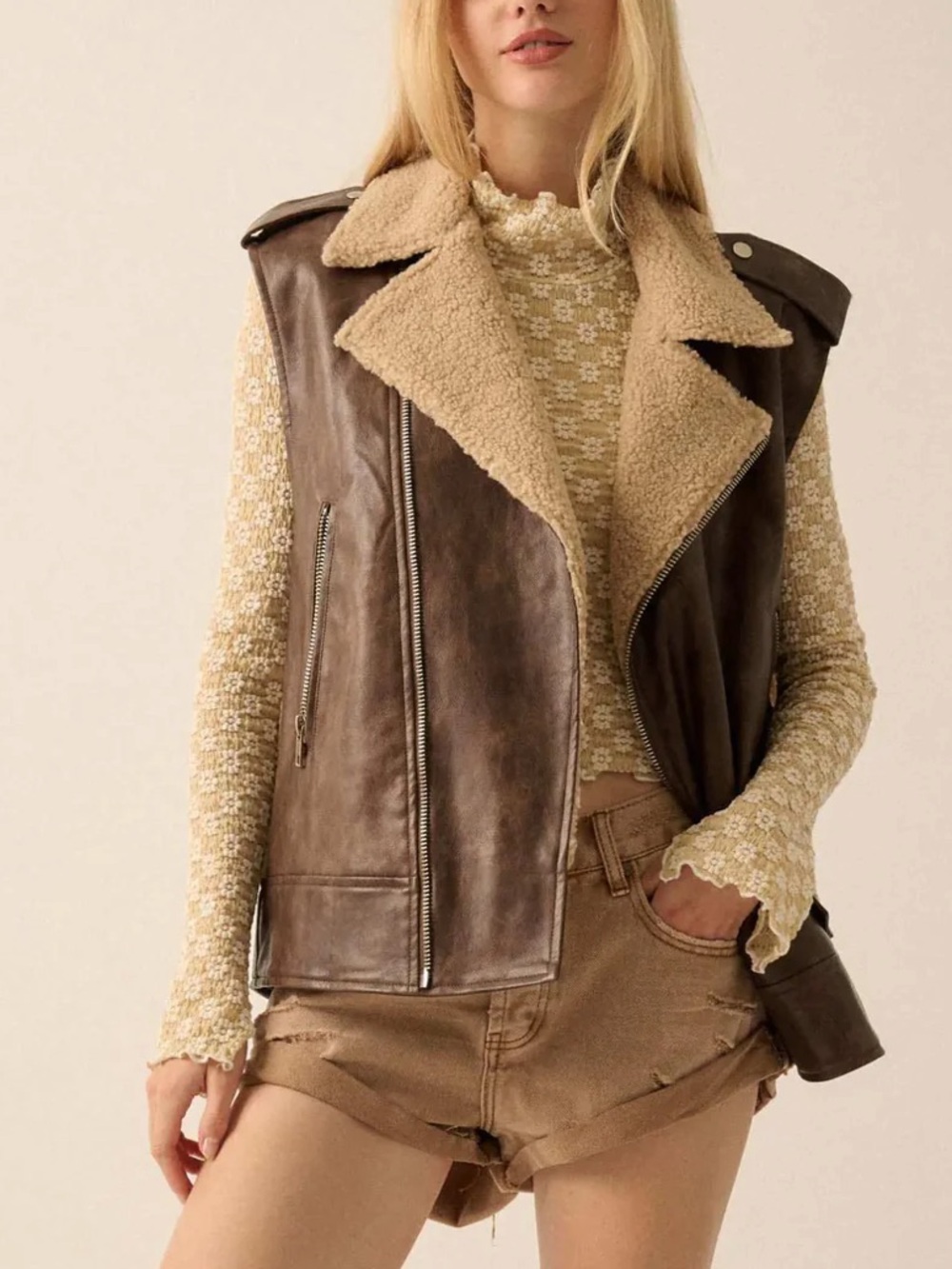 Wild One Brown Suede Shearling-Lined Moto Vest